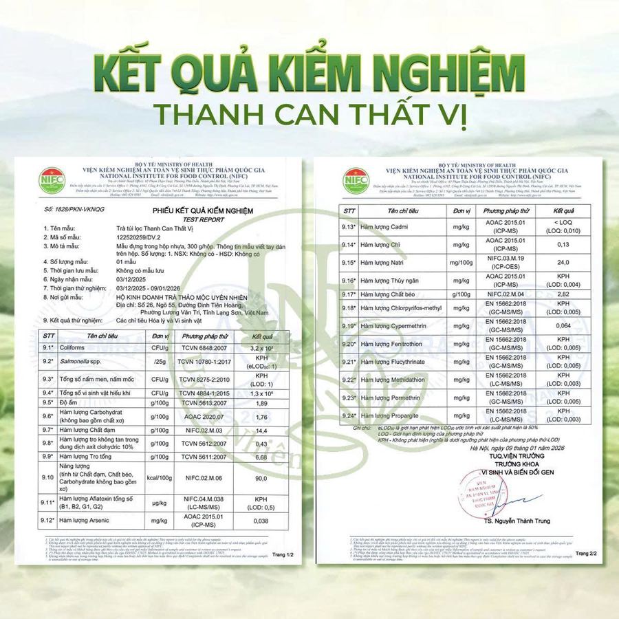 Phiếu kiểm nghiệm trà Thanh Can Thất Vị